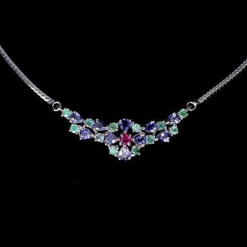 Damen Frauen echter Smaragd Granat Iolith Rhodolith 925 Silber Kette Halskette - Bild 3 von 6