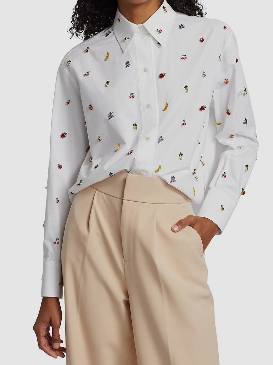 $2600 Valentino Women's White Beaded Fruit Button-Up Shirt