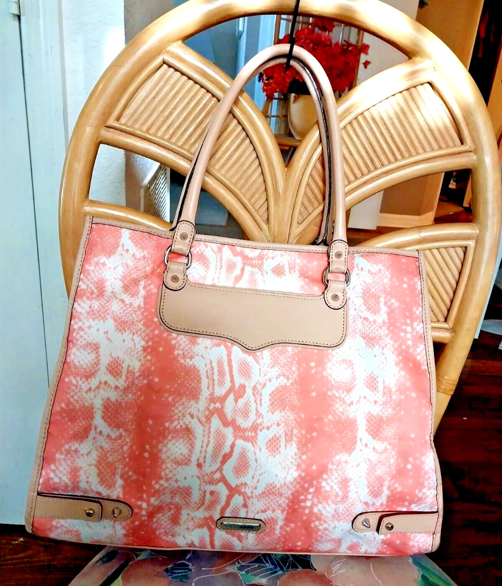 REBECCA MINKOFF Orange and Cream Print Nylon w Leather Trim Large