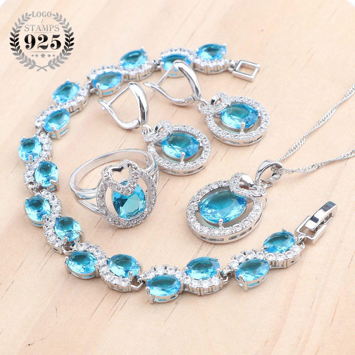 925 Sterling Silver Blue Zircon Necklace Earrings Ring Bracelet