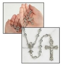 First Communion Rosary with Chalice  Host Center, Silver Plate, 18 1/2" Length