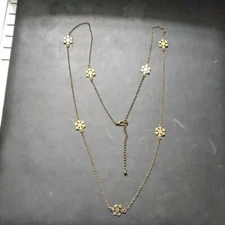 Antique Gold Tone Snowflake Winter Long Delicate Dainty Statement Necklace