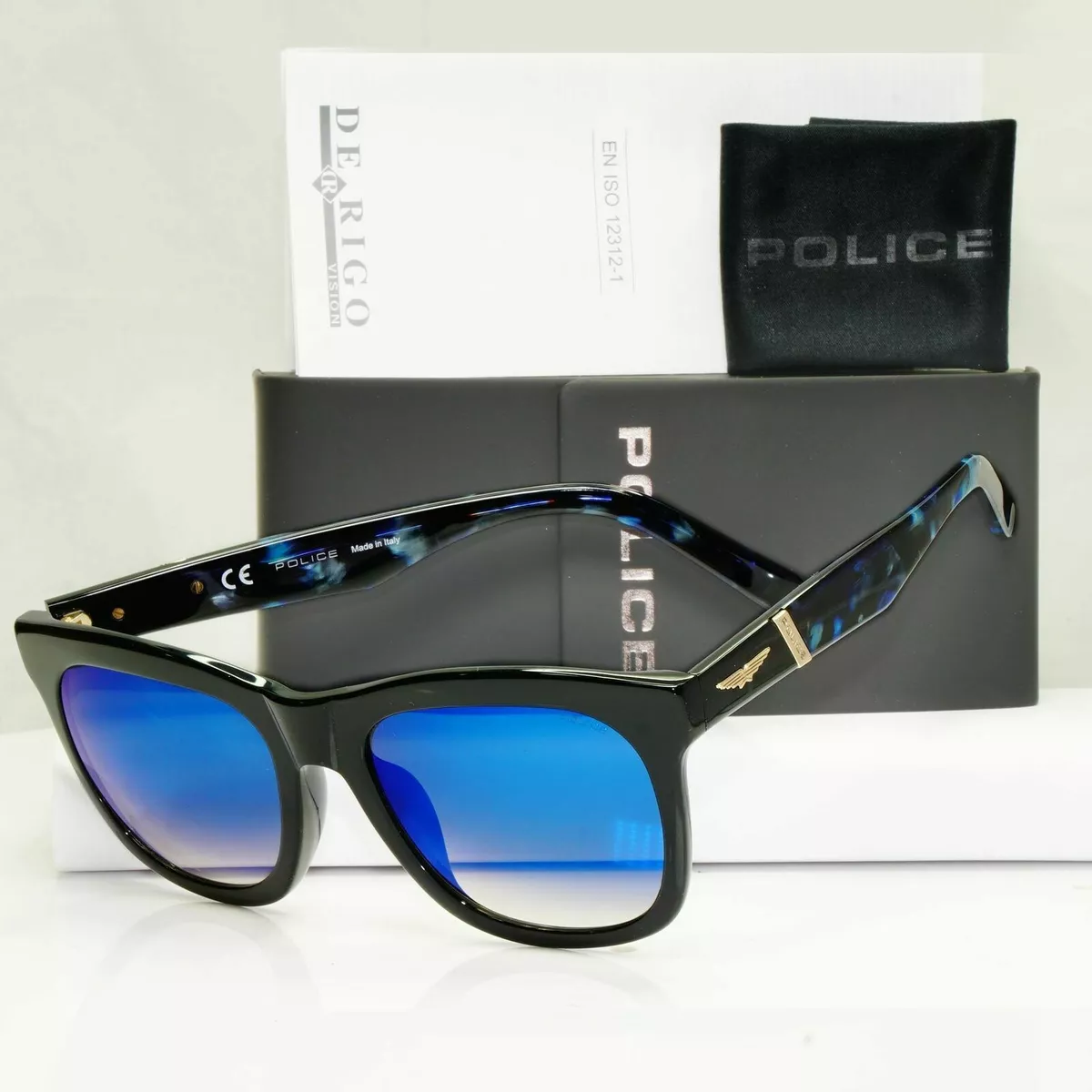 Police Black Blue Mirror Sunglasses Mens Large Square Marble SPL 205G COL  BLKB