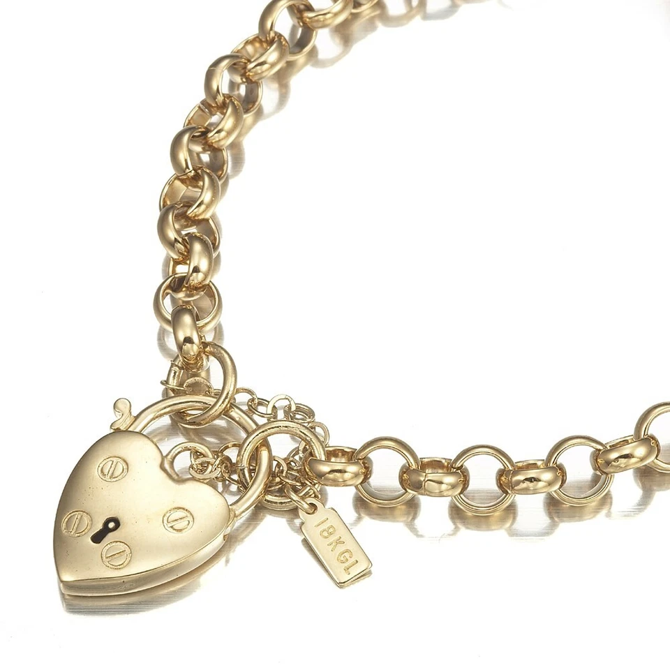 18K GL Solid Belcher Gold Bracelet with Classic Antique Style Heart Padlock