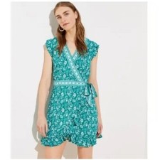 Ann Taylor LOFT Floral Surplice V-Neck Flutter Sleeve Wrap Mini Dress Green 2