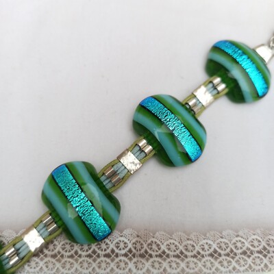 Murano Bracelet Fused Glass Jan Art Sterling Silver Aqua Green Statement Gift