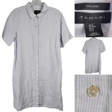 Tahari Dress Women's Medium Blue Vertical Striped Linen Resort Lagenlook