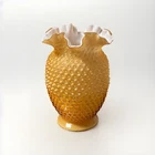 Vintage Fenton Honey Amber Hobnail Cased Milk Glass Ruffle Vase Butterscotch 8"