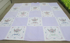 Quilted  Embroidered Flower Basket Patchwork Quilt Hand Sewn 82" x 82"