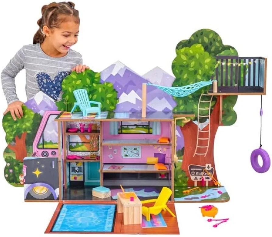 KIDKRAFT GLAMP & GO 2-IN-1 DOLL CAMPER Includes 40 accessories