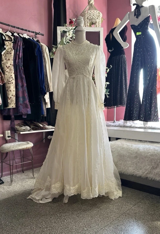 Vestido de novia vintage años 60 Alfred Angelo marfil boho hippy velo tocado XS Foto 2 de 4