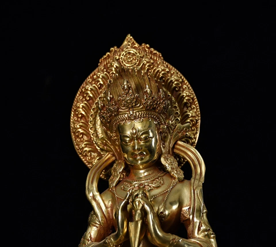 9.5" China Old Antique Tibetan Buddhism Brass Gilt Green Tara Buddha Statue - Image 4 of 4