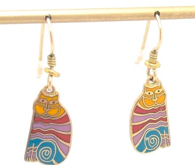 Vintage Laurel Burch Drop Dangle Earrings Rainbow Cat Cloisonne French Ear Wife
