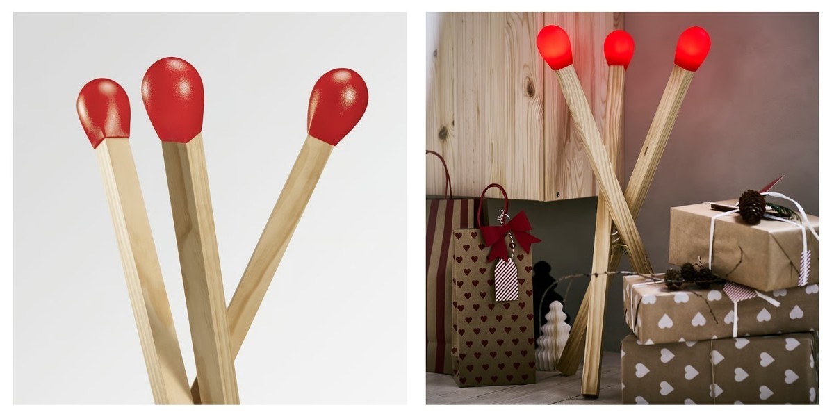 Ikea STRALA LED floor lamp, oversized matchstick-shaped, wood