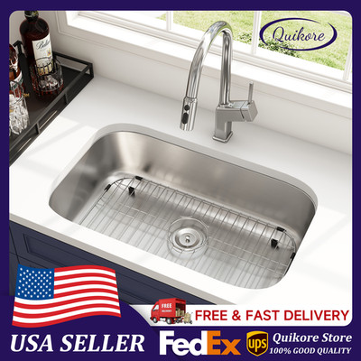 Quikore 32 Inch Undermount Kitchen Sink with Basket Strainer ＆ Bottom Grid