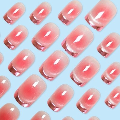 2000s Style Press On Nails 24 Stück Pink Peach Glitter Cat Eye Nagel Tips