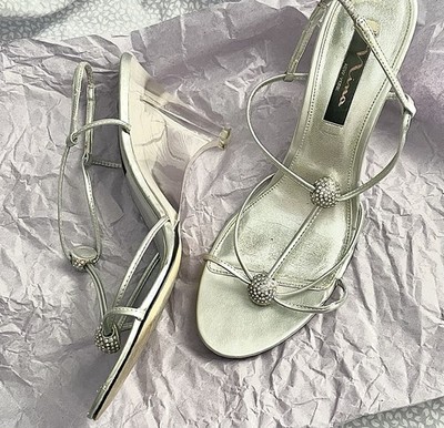 NINA Womens Silver Y2K T Strap Clear Wedge Sandals Heels Crystals 9