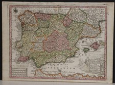 SPAIN PORTUGAL & GIBRALTAR 1744 SEUTTER UNUSUAL ANTIQUE COPPER ENGRAVED MAP