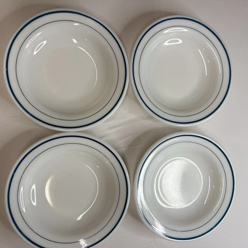 Vintage Set Of 4 Milk Glass Pyrex Corning Tableware Teal Blue Stripe Plate 9”