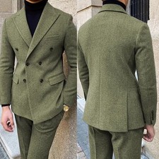 Wool Blend Mens Suit Set Slim Fit Peak Lapel Outwear Work Casual Double Breasted