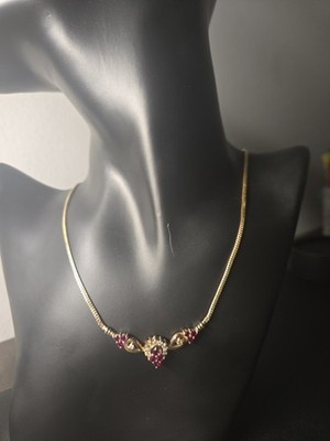 16'' Statement Stück. 9g 14k massiv Gold Halskette mit Diamant und Rubin Anhänger.  