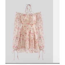 Cider Pink Floral Chiffon Mini Dress Cottagecore Off Shoulder Long Sleeve Medium