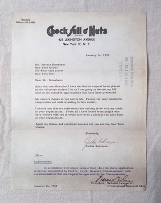 JACKIE ROBINSON CHOCK FULL O NUTS BASEBALL RETIREMENT LETTER NY GIANTS FACSIMILE