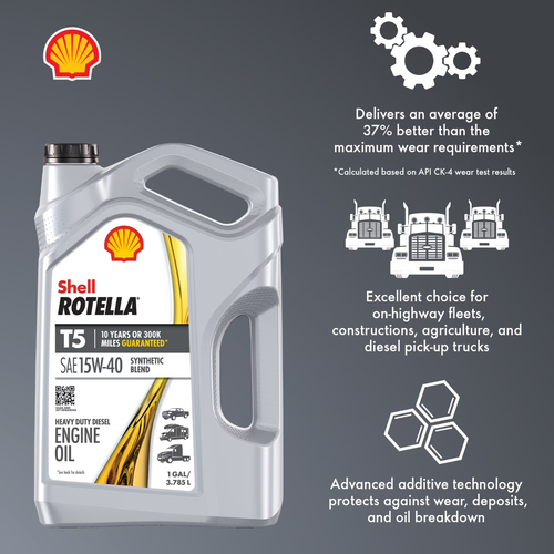 (3 Pack) Shell Rotella T5 Synthetic Blend 15W-40 Diesel Engine Oil, 1 Gallon - Picture 5 of 7