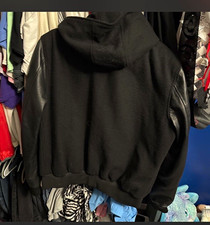 Mens Black Hooded Varsity Jacket Leather Slee...