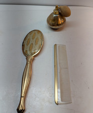 Vintage Retro Gold Tone Floral Nylon Hairbrush and Comb Set w/ Perfume Atomizer
