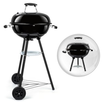 Charcoal Grill 18 Inch Portable Kettle Round Smoker Wheels Black Leonyo Led