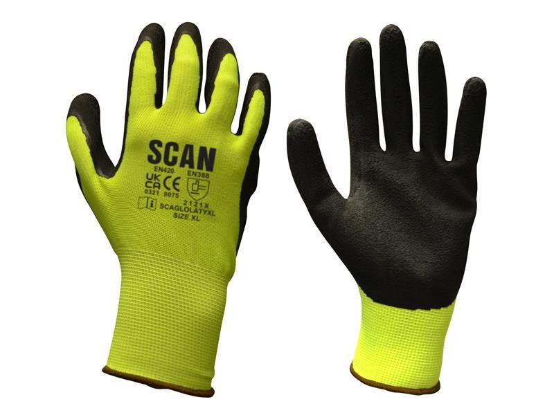 Scan Hi-Vis Yellow Foam Latex Coated Gloves - XXL (Size 11) SCAGLOLATYXX