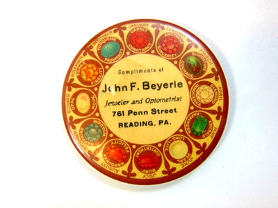 Vintage advertising pocket mirror: John F. Beyerie, Jeweler, Reading, PA
