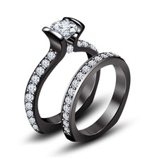 2CT Lab Created Diamond Bridal Wedding Engagement Ring Set 14K Black Gold Over
