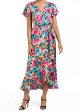 NWT Nicole Miller Floral Satin Asymmetrical Wrap Midi Dress Small