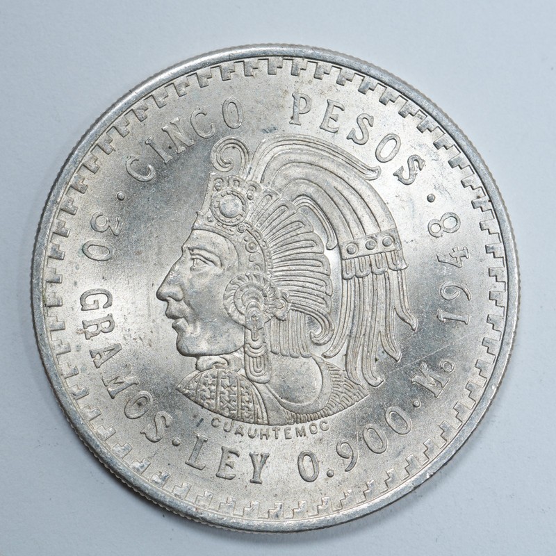 1948 Mexico 5 Pesos - .900 Silver - Cuauhtémoc