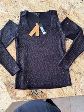 donna karan new york NWT Black Sequin Sweater Cold Shoulders SZ XL
