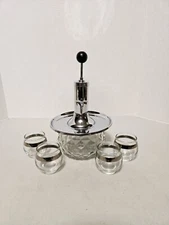 Vtg Park Sherman Co. Diamond Glass Pump Decanter w/4 Silver Banded Shot Glasses