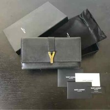 Women's YSL Yves Saint Laurent Cabas Chyc Black Leather Gold Y Long Wallet