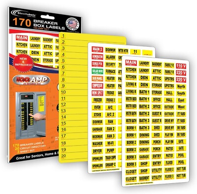 170 Circuit Breaker Decals - 100 AMP Set - Vinyl Labels for Breaker Panel Boxes