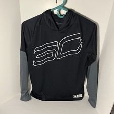 Boys Youth Large Under Armour Heat Gear Long Sleeve Hooded Shirt Gray Black