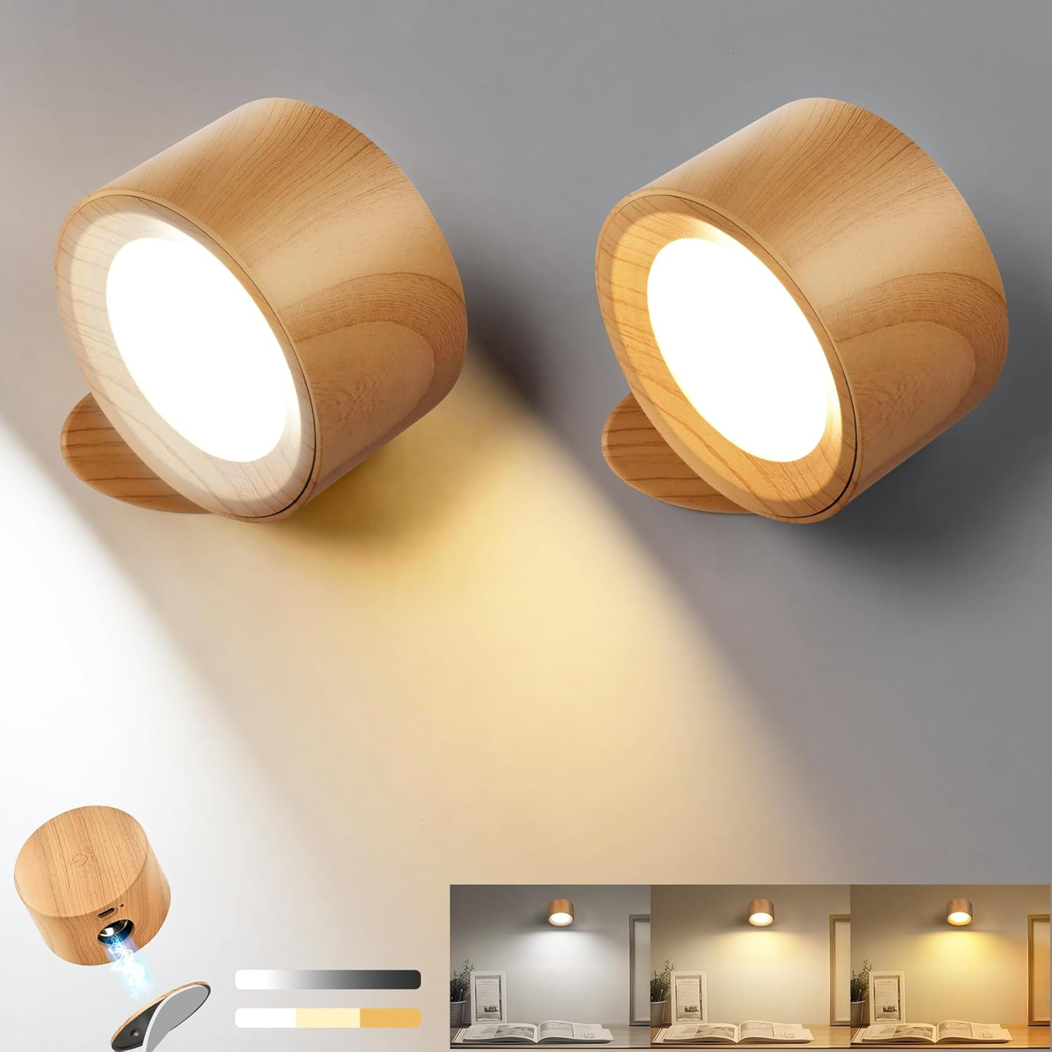 Set of 2 Rechargeable Battery-Powered LED Wood Wall Lights Pack