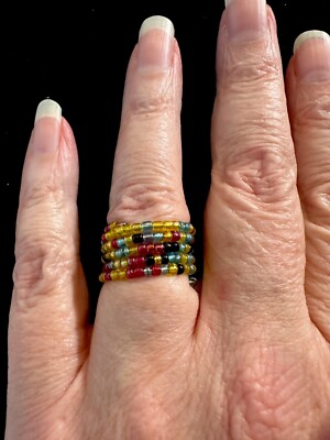 Bohemian Style Multicolored Glass Seed Beads Wrap Ring Adjustable On Memory Wire
