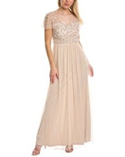 Adrianna Papell Women's 3D Beaded Point D'ESPRIT Gown, Biscotti, 8