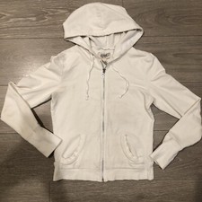 Old Navy Women M Ivory Cream Basic Hoodie Full Zip Cotton Stain Pics READ AS IS