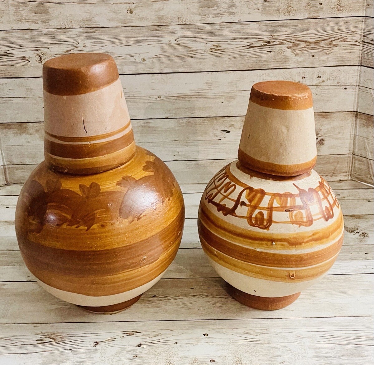 2x Mexican Clay Pottery Water Jug Decanter with Cup Garrafon De