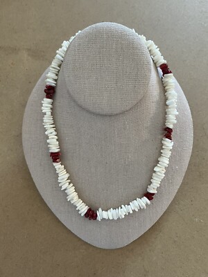 White Shell Chips Necklace with Red Dyed Stones