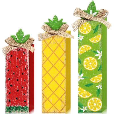 Summer Decorations Lemon Watermelon Pineapple Wooden Block Sign Indoor Gift 3Pcs