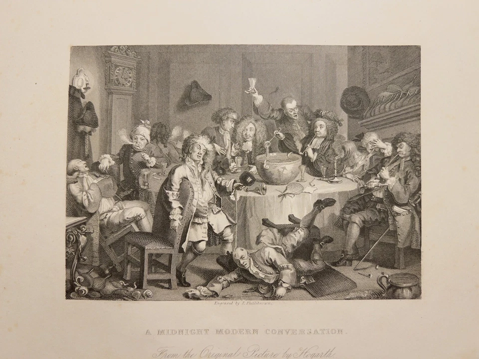MIDNIGHT MODERN CONVERSATION 1833 WILLIAM HOGARTH ANTIK STAHLSTICH ENGRAVING 33 - Bild 2 von 4