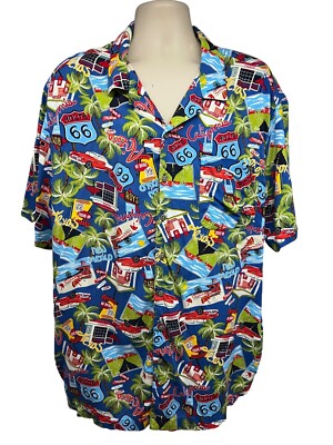 Hawaiian Route 66 All Over Print Blue Vintage Button Up Shirt Mens 3XL Pocket